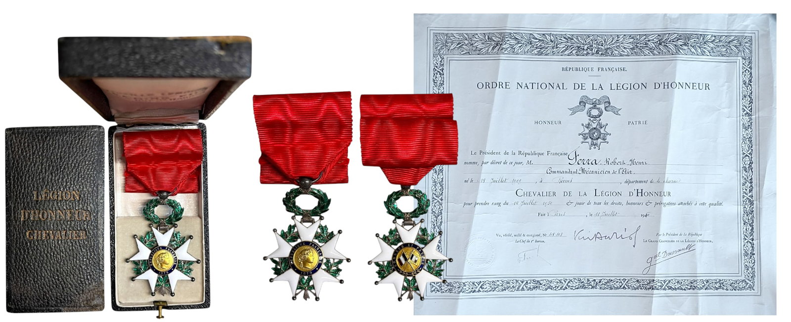 ORDER OF THE LEGION OF HONOR: Knight`s Cross, 3rd Republic, 5th Class. Breast Badge, 58x40 mm., Silver, both sides enameled, original suspension ring and ribbon, in case of issue by "Lemoine, Fils - Paris", with gilt inscription o