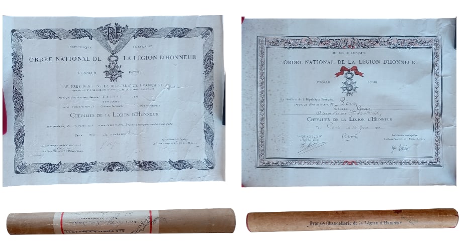 ORDER OF THE LEGION OF HONOR: Lot of 2. Knight`s Cross, 4th and 5th Republic, 5th Class. Superbly decorated Awarding Document to a Company Manager, dated 10th of June 1955; to a Mayor of Herme, dated Paris, 11th of July 1964, toge