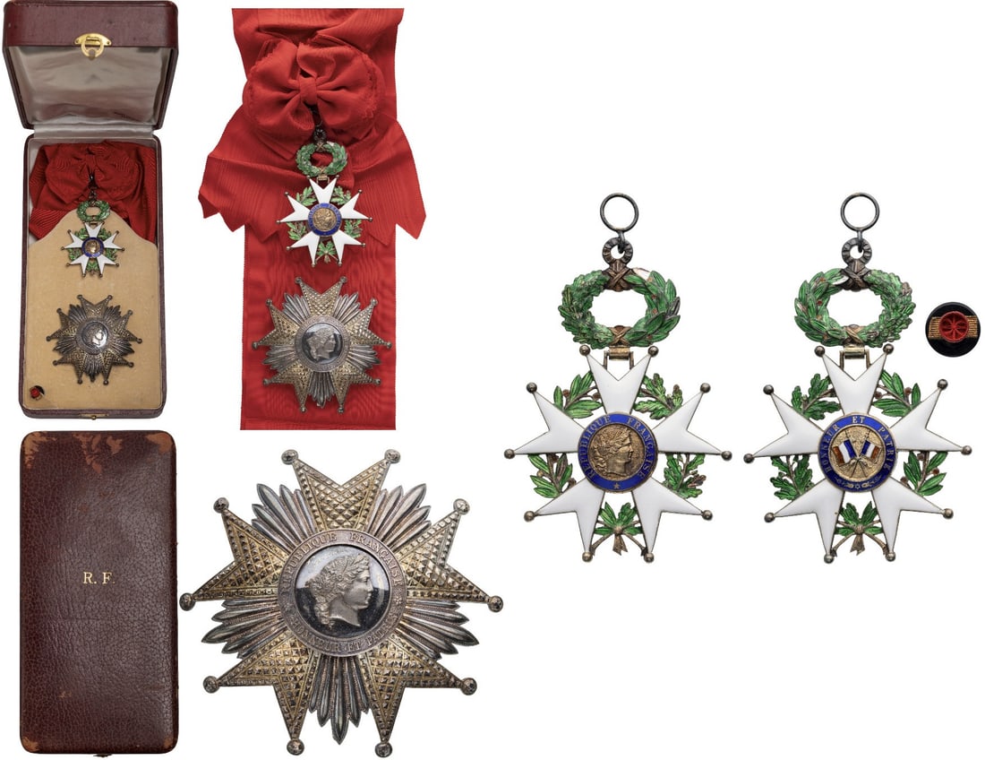 ORDER OF THE LEGION OF HONOR: Grand Cross Set, 4th Republic (1870â??1940). Sash Badge, 91x61 mm., Silver, enameled, large suspension ring and original, full sash. Breast Star, 90 mm., Silver, hallmarked, with chiselled and pierce