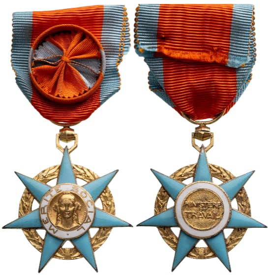 SOCIAL MERIT ORDER: Officer's Cross, instituted in 1936. Breast Badge, 43x38 mm, gilt Silver, enameled, with original suspension ring and ribbon, with rosette. I