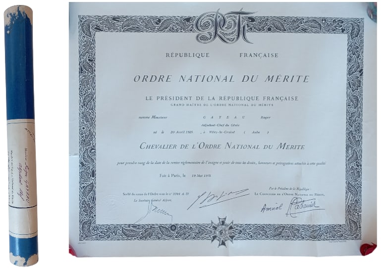 NATIONAL MERIT ORDER: Knight`s Cross, 5th Republic, 5th Class, instituted in 1963. Awarding document to a Chief Warrant Officer of the Engineers, dated 19th of May 1971, in original tube. Extremely fine condition! I