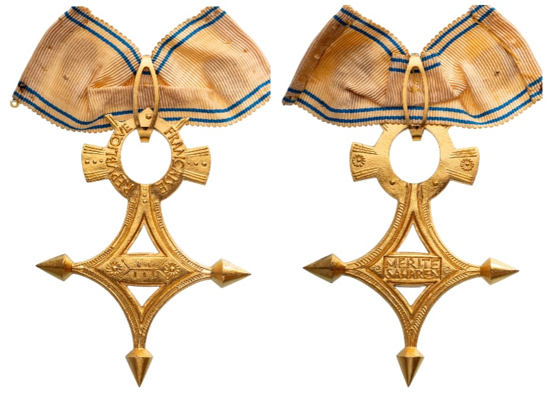 SAHARIAN MERIT ORDER: Commander`s Cross, 5th Republic, 1st Class, instituted in 1958. Neck Badge, 86x68 mm., gilt Silver, original suspension loop and short ribbon. Extremely fine condition and rare! I R!