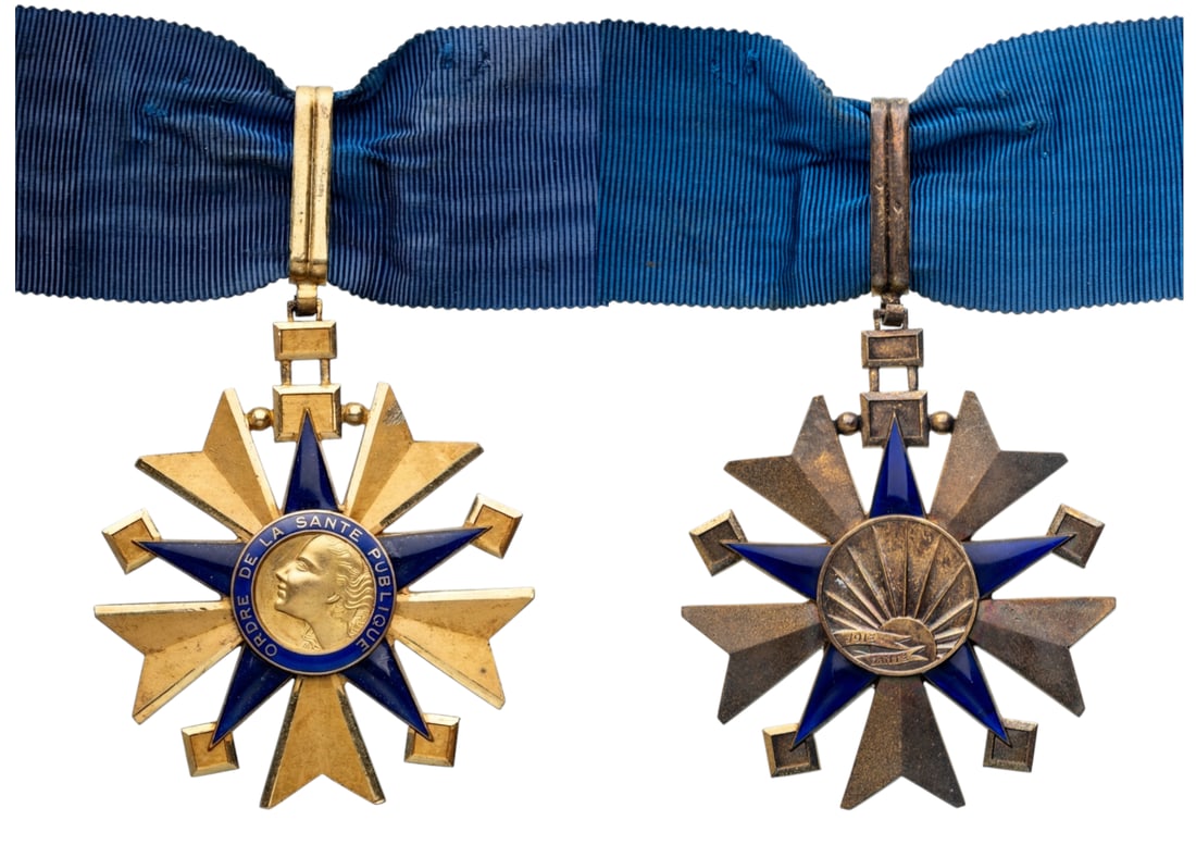TheÂ Order of Public Health: Commander's Cross, instituted in 1938. Neck Badge, 61x55 mm, gilt Silver, enameled, original suspension loop and ribbon Very attractive and scarce, mint condition! I R!