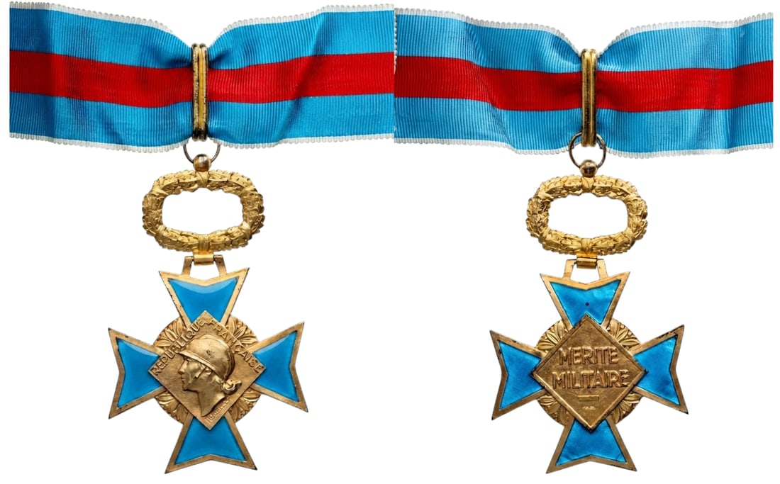 MILITARY MERIT ORDER: Commander`s Cross, 4th Republic, 1st Class, instituted in 1957. Neck Badge, 87x54 mm., gilt Silver, both sides enameled, original suspension wreath, loop and short ribbon. Extremely fine condition! I