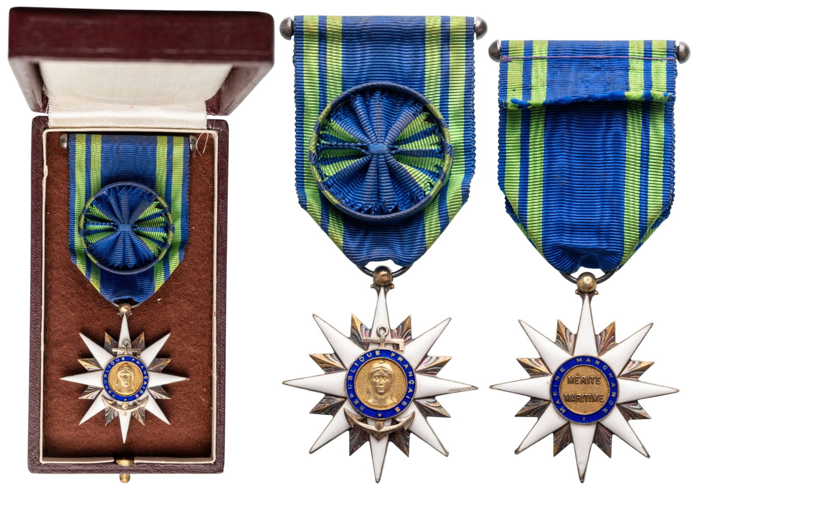 TheÂ Order of Maritime Merit: Officer's Cross, instituted in 1930. Breast Badge, 45x40 mm, Silver, enameled (chip), with original suspension ring and ribbon with rosette and bar, in case of issue. Very attractive! II