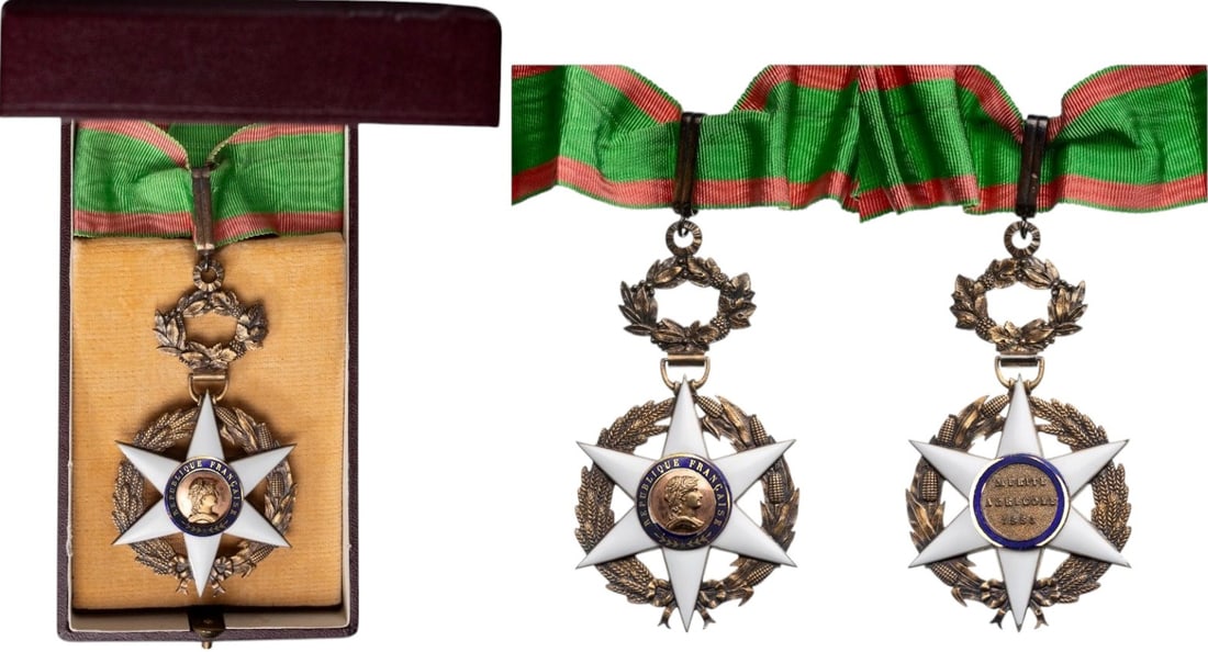 Agricultural Merit Order, instituted in 1883: Commander`s Cross, 3rd Class. Neck Badge, 96x52 mm, gilt Silver, hallmarked, enameled, original suspension ring, loop and ribbon, in case of issue by "Arthus Bertrand - Paris". A superb old model in