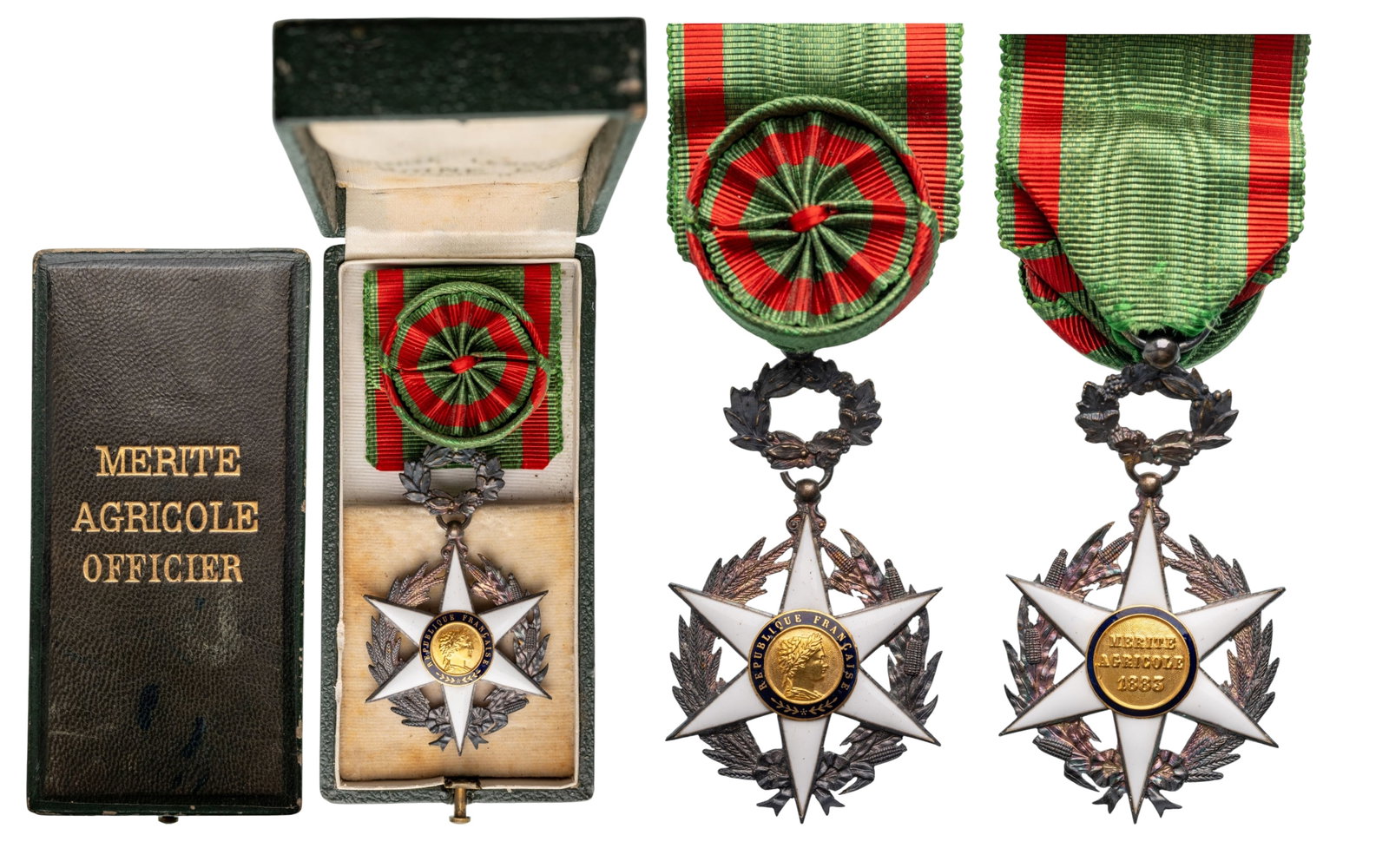 Agricultural Merit Order: Officer`s Cross, 4th Class, instituted in 1883. Breast Badge, 62x41 mm, Silver, enameled, original suspension ring and ribbon with rosete, in case of issue by "Lemoine, Paris", with gilt inscription o