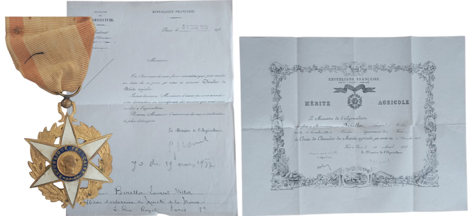Agricultural Merit Order, instituted in 1883: Knight`s Cross, 5th Class. Breast Badge, 48x37 mm, gilt Bronze, one-side enameled, original suspension ring and ribbon, together with awarding document and autorisation letter to a French Ministry of 