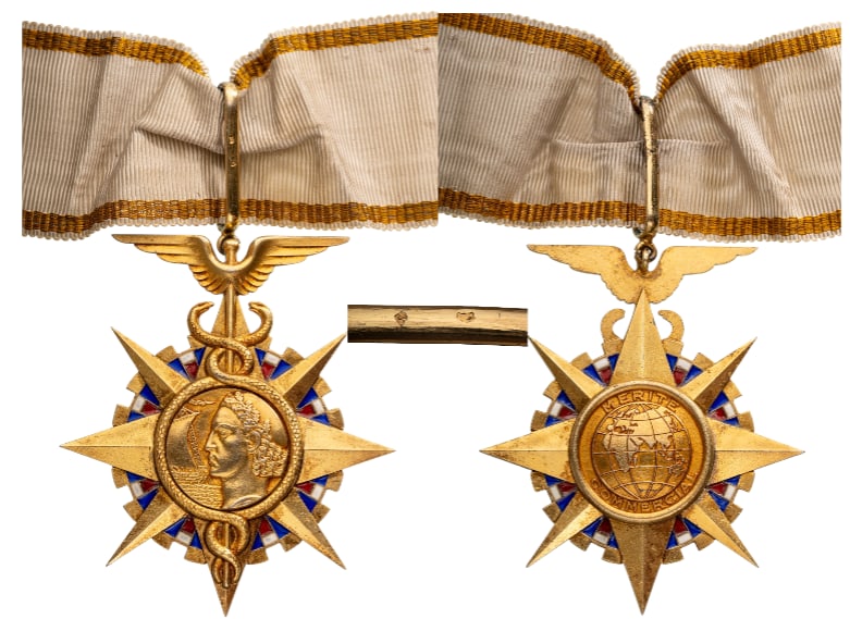 Commercial Merit Order: Commander`s Cross, 3rd Republic, 1st Class, instituted in 1939. Breast Badge, 64x56 mm, gilt Silver, enameled, original suspension bar and ribbon. Extremely fine condition and scarce! I R!