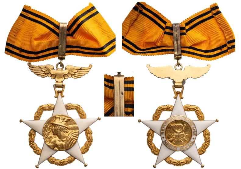 Postal Merit Order: Commander`s Cross, 3rd Republic, 1st Class, instituted in 1939. Breast Badge, 71x56 mm, gilt Silver, enameled, original suspension wing, loop and short ribbon. Extremely fine condition and scarce! I R