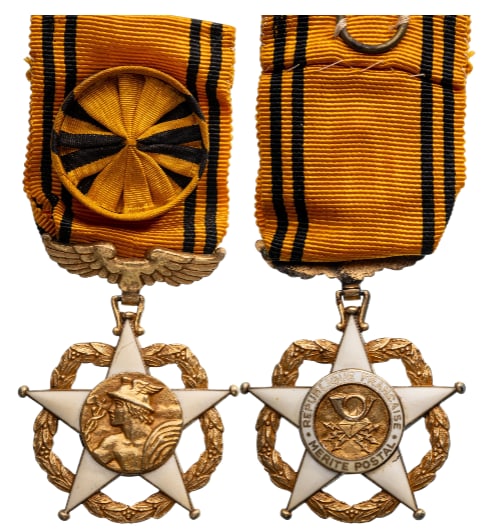 Postal Merit Order: Officer`s Cross, 3rd Republic, 1st Class, instituted in 1939. Breast Badge, 51x40 mm, gilt Silver, enameled, original suspension wing and ribbon with rosette. Extremely fine condition and scarce! I R!