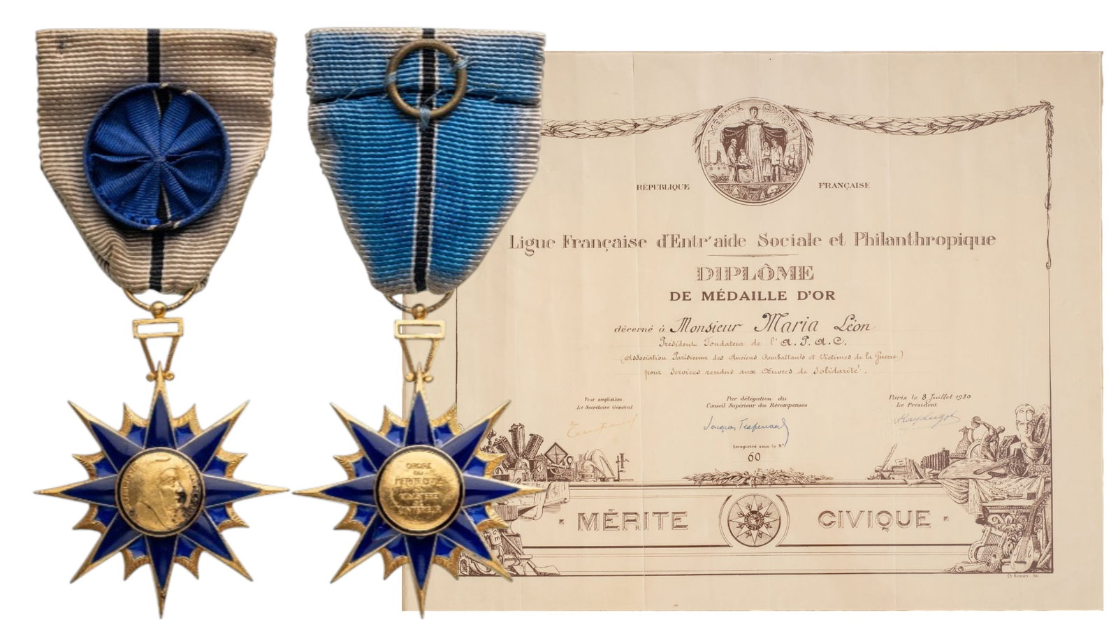 Civil Merit Order: Officer`s Cross, 5th Republic, 1st Class, instituted in 1963. Breast Badge, 48x40 mm, gilt Silver, enameled, original suspension ring and partially discolored ribbon with rosette, together with awardi