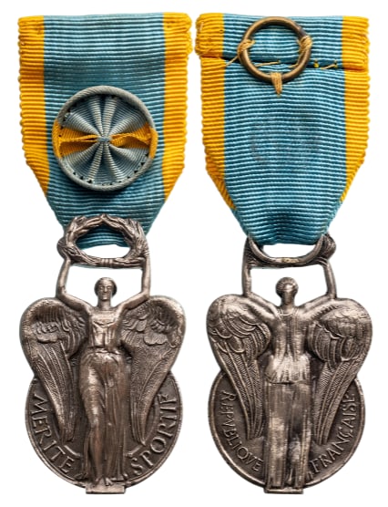 Sports Order: 2nd Class, instituted in 1956. Breast Badge, 50x30 mm, Bronze, original suspension ring and ribbon with rosette. Extremely fine condition! I