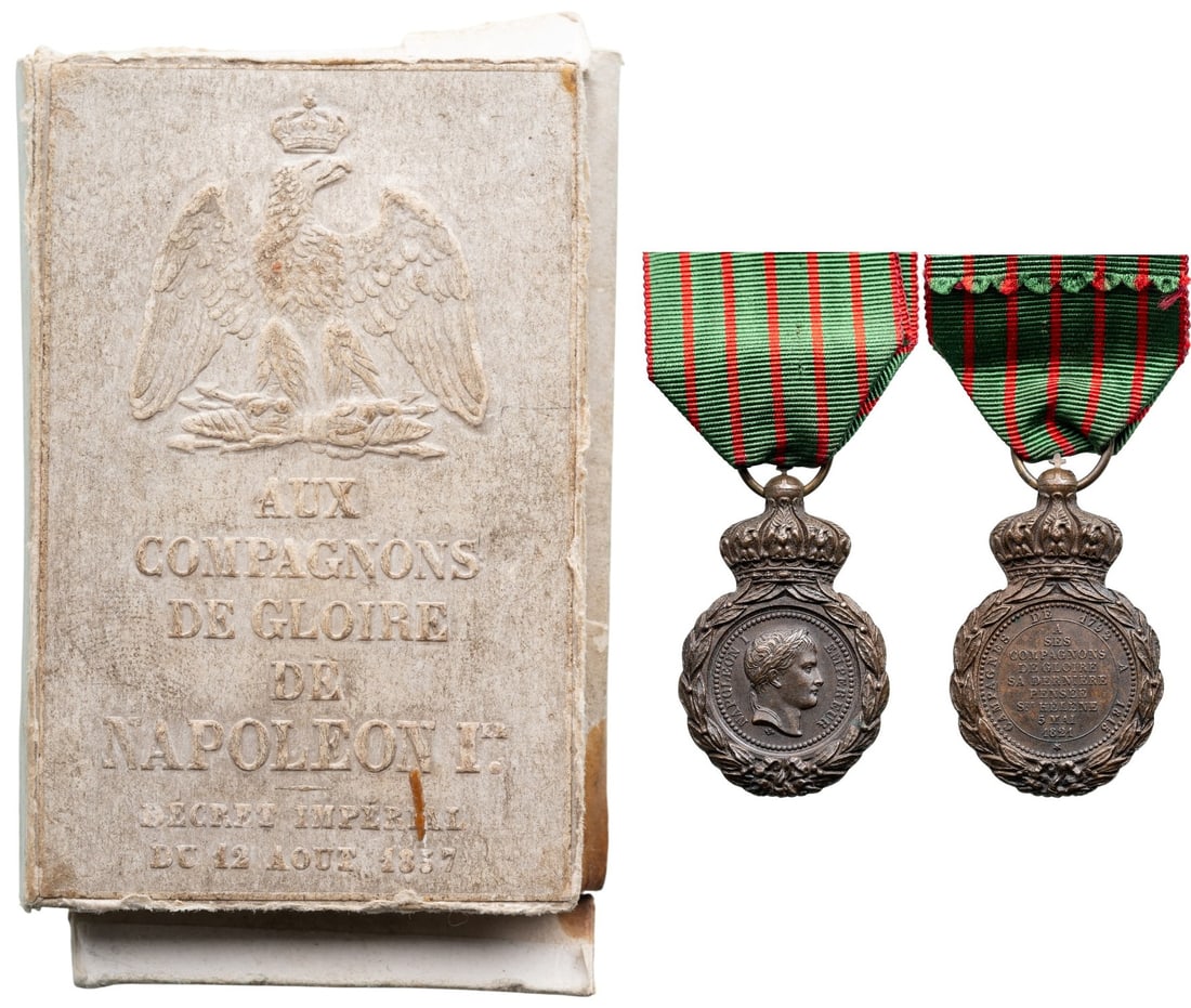 Medal of Saint Helena: Breast Badge, 51x32 mm, Bronze, original suspension ring and ribbon, in original very rare cardboard box. I RR!