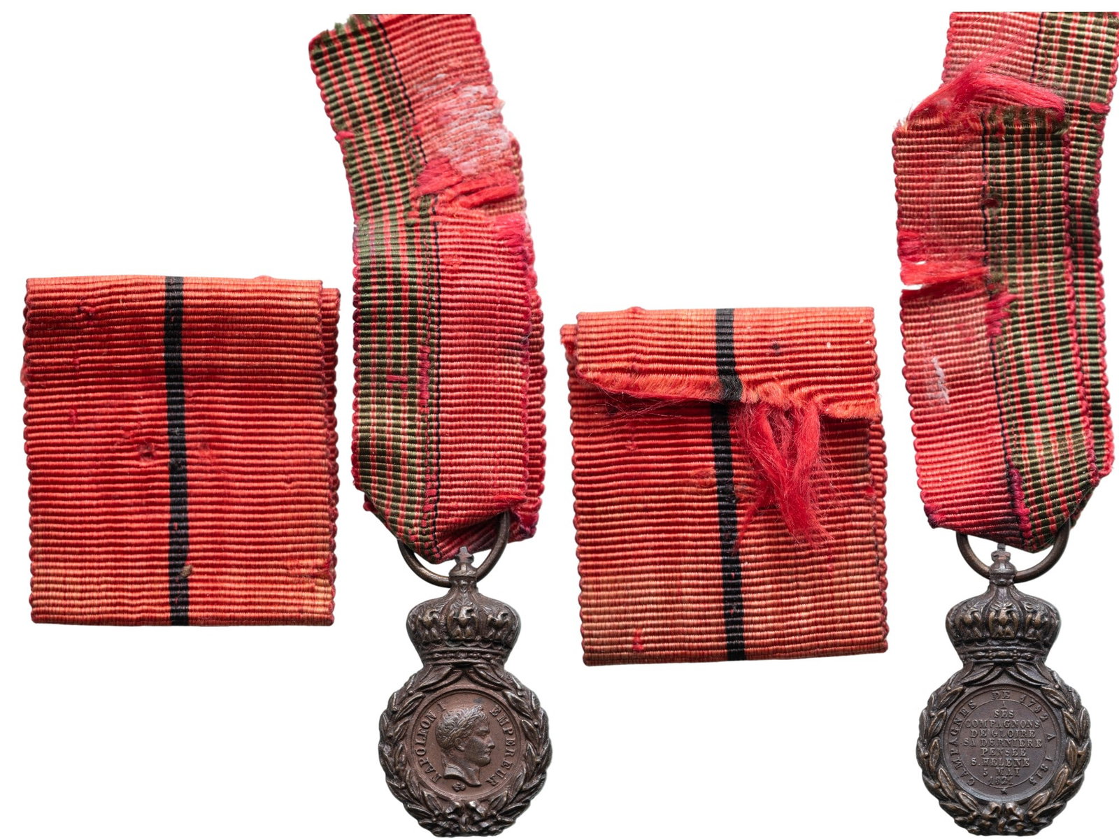 Medal of Saint Helena: Miniature. Breast Badge, 22x13 mm, Bronze, original suspension ring and ribbon for order of the Legion of Honor and Medal of St. Helena. An extremely fine and rare miniature, in mint codition! I R!