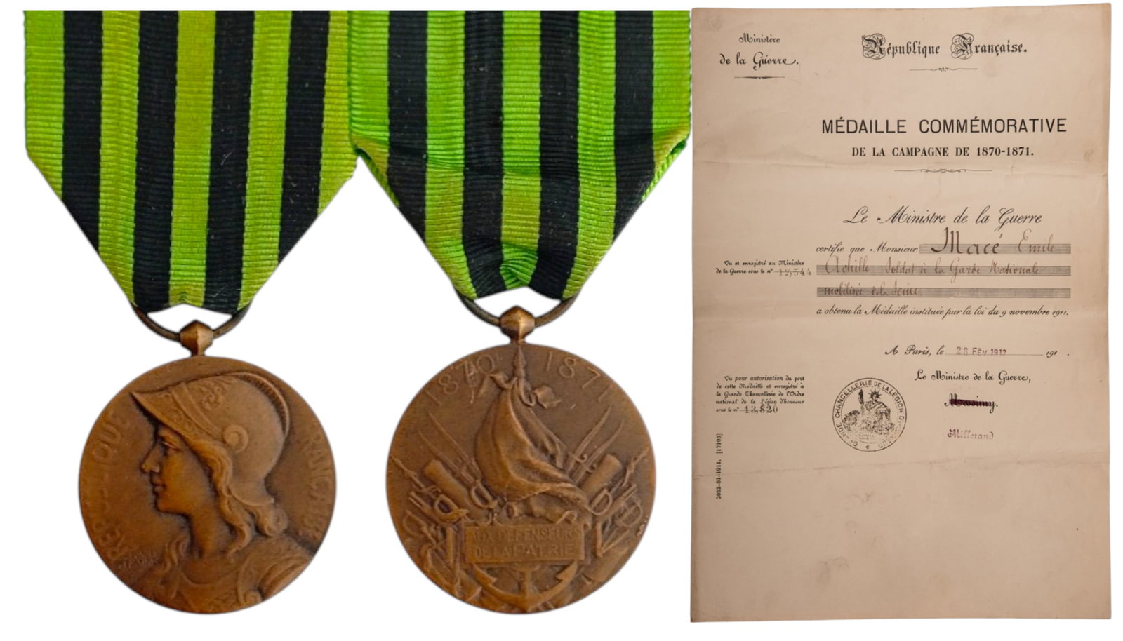 Commemorative Medal of the 1870 - 1871 War, instituted in 1911: Breast Badge, 34x30 mm, Bronze, original suspension ring and ribbon, together with awarding document to Soldier of the National Guard, dated Paris, 28th of February 1912. Interesting group, in extreme