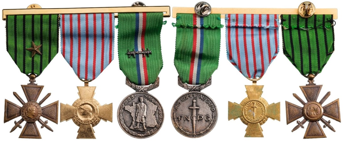 Bar of 3. War Cross 1940 with one Star; Combatant Cross; Federal Merit Medal of the National: Breast Badges, 46x37 mm, 41x36 mm., 32 mm, Bronze and silvered Metal, original suspension rings and ribbons on bar. Interesting group! I