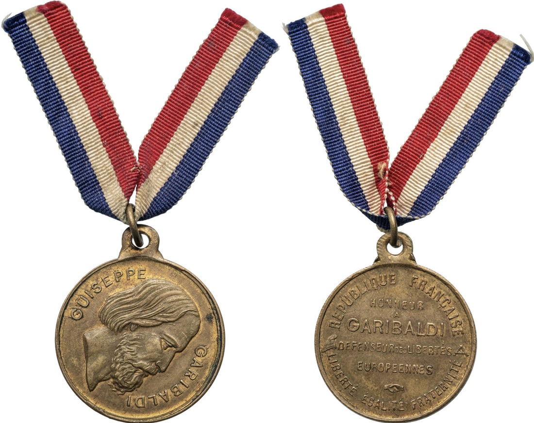 Giuseppe Garibaldi Medal: Breast Badge, 28x23 mm, gilt Bronze, original suspension ring and ribbon. Scarce! I R!