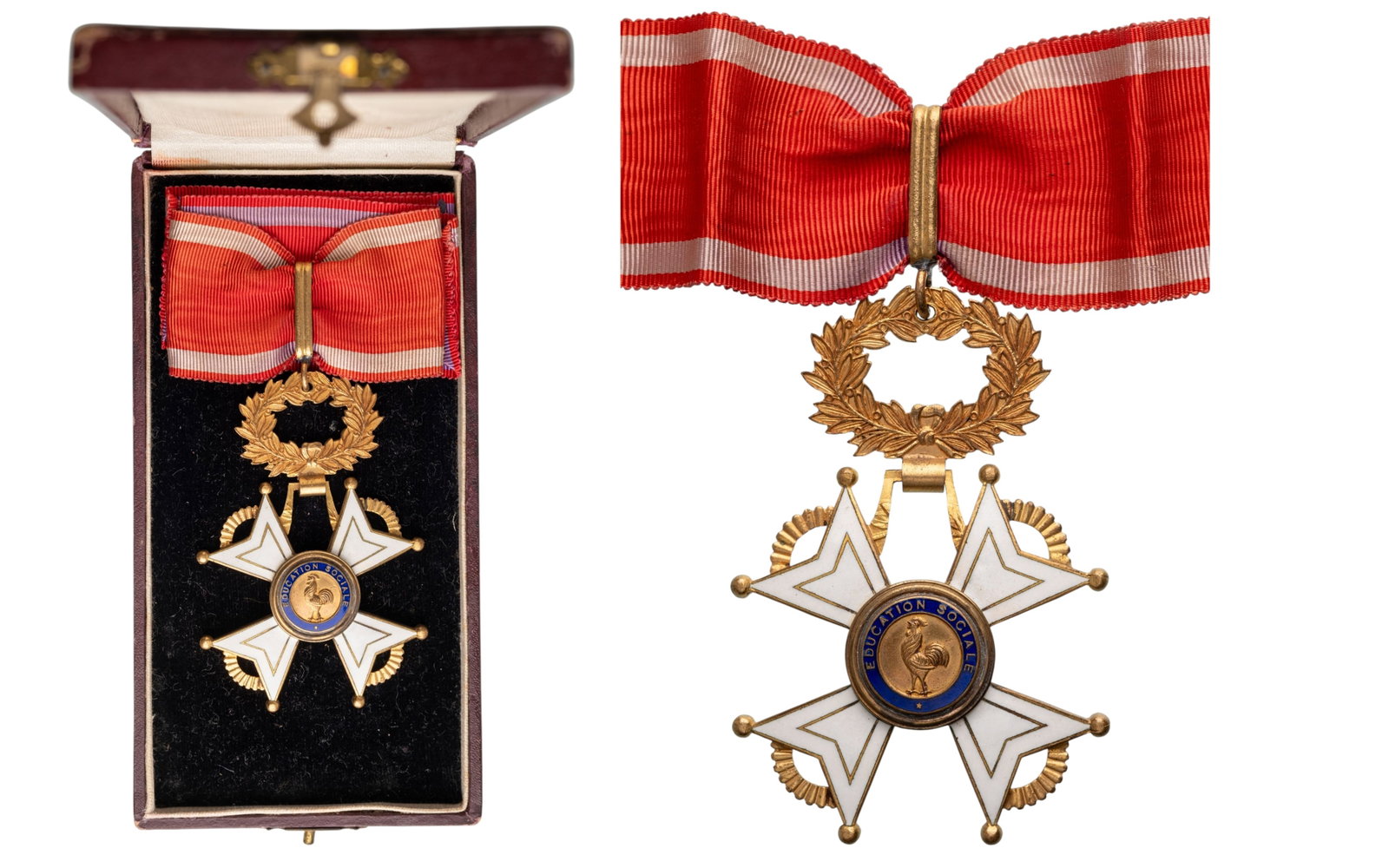 Social Education Order: Commander's Cross, 3rd Class. Neck Badge, 79x53 mm., gilt Bronze, one-side enameled, original suspension wreath, ring, loop and ribbon, in case of issue. A beautiful badge, in extremely fine