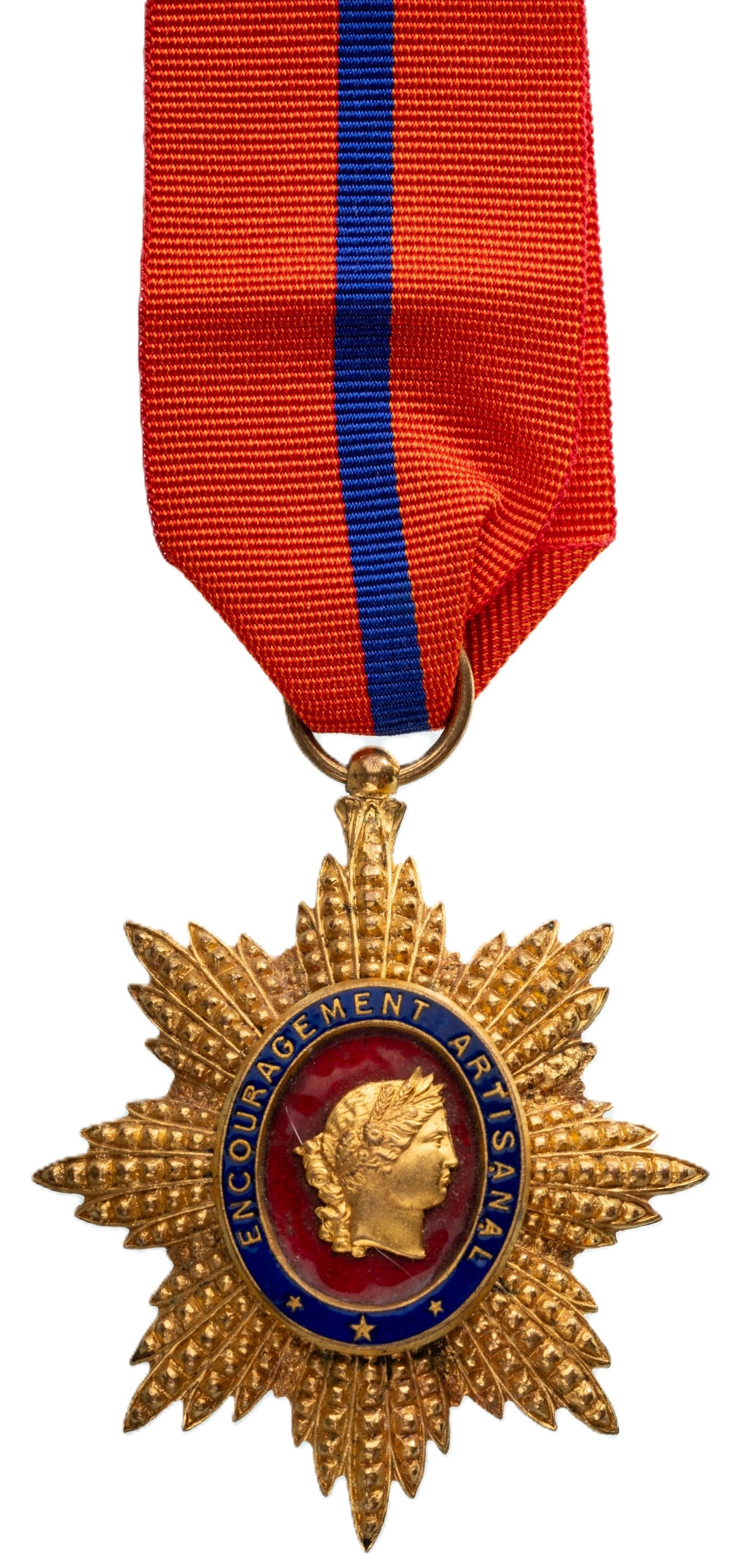 Artisanal Support Medal: Breast Badge, 58x49 mm, gilt Bronze, one side enameled original suspension ring and ribbon. Extremely fine condition! I