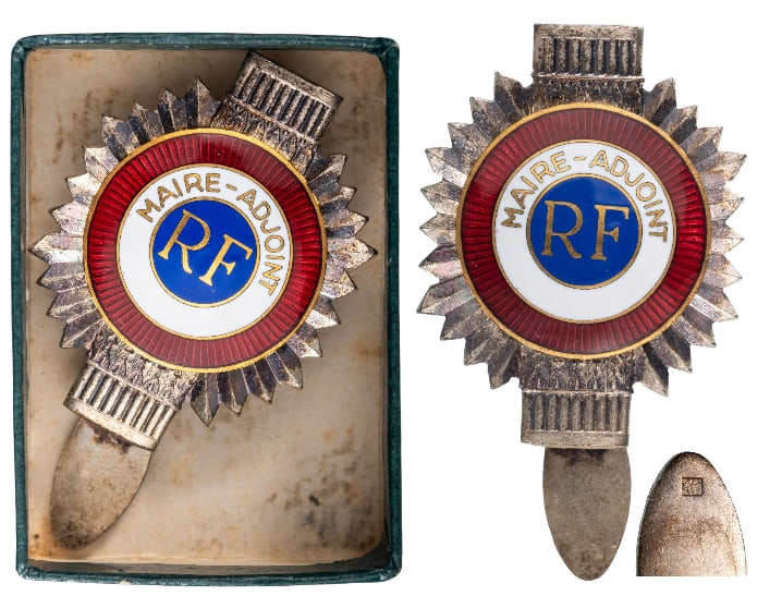 Deputy Mayor Badge: Breast Badge, 39x30 mm, Silver, maker's mark "AC", obverse enameled, original suspension pin, in case of issue. Mint state! I