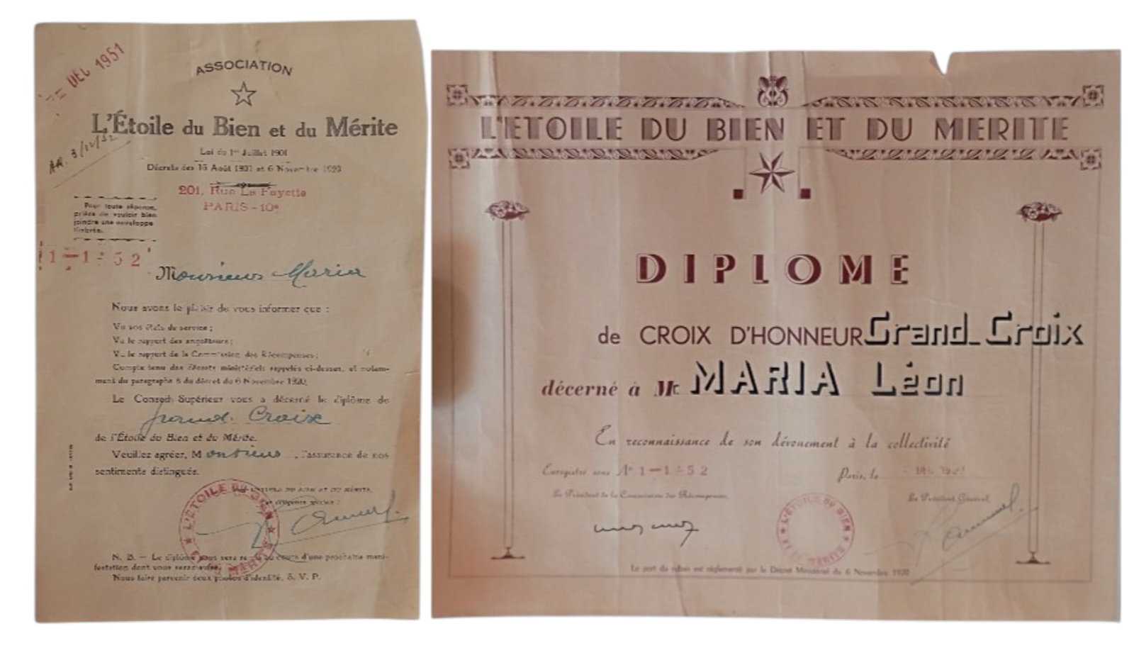 Star of Good and Merit: Grand Cross Awarding Document, to a Lady, numbered No. 1 of 52, dated, Paris 5th of december 1951 ?, togeher with a 2nd awarding document. Very fine! II (2)