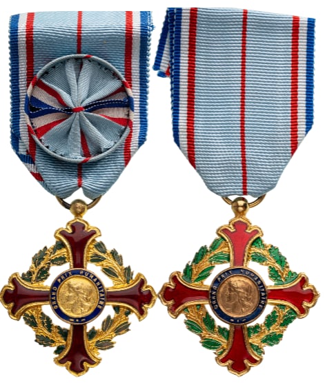 Grand Humanitarian Prize: Officer's Cross. Breast Badge, 48x43 mm,, gilt Bronze, one side enameled, suspension ring and ribbon with rosette. Very attractive badge, in extremely fine condition! !