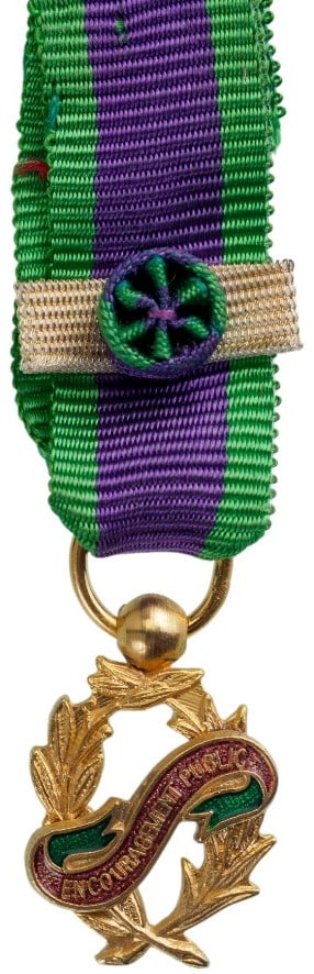 Public Encouragement Order: Commander's Cross Miniature. Breast Badge, 20x13 mm,, gilt Copper, superimposed parts enameled, original suspension ring and ribbon with silver bar and rosette. Very attractive badge, in mint state! I
