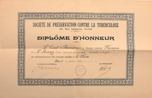 Diploma: Diploma for a Silver Medal of Honor of the Society of Preservation against Tuberculosis awarded to a French Officer, 32x50 cm, dated 1907, folded. I