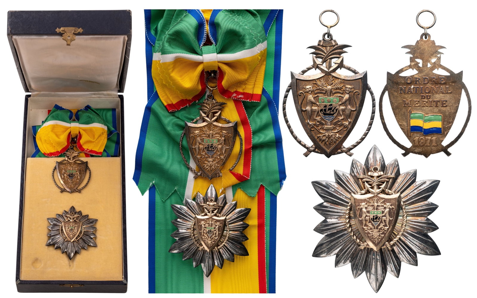 NATIONAL ORDER OF MERIT: Grand Cross Set, instituted in 1971. Sash Badge, 73x52 mm, gilt Silver, both sides enameled, original suspension ring and sash with bow. Breast Star, 79x68 mm, Silver, original pin on reverse and two