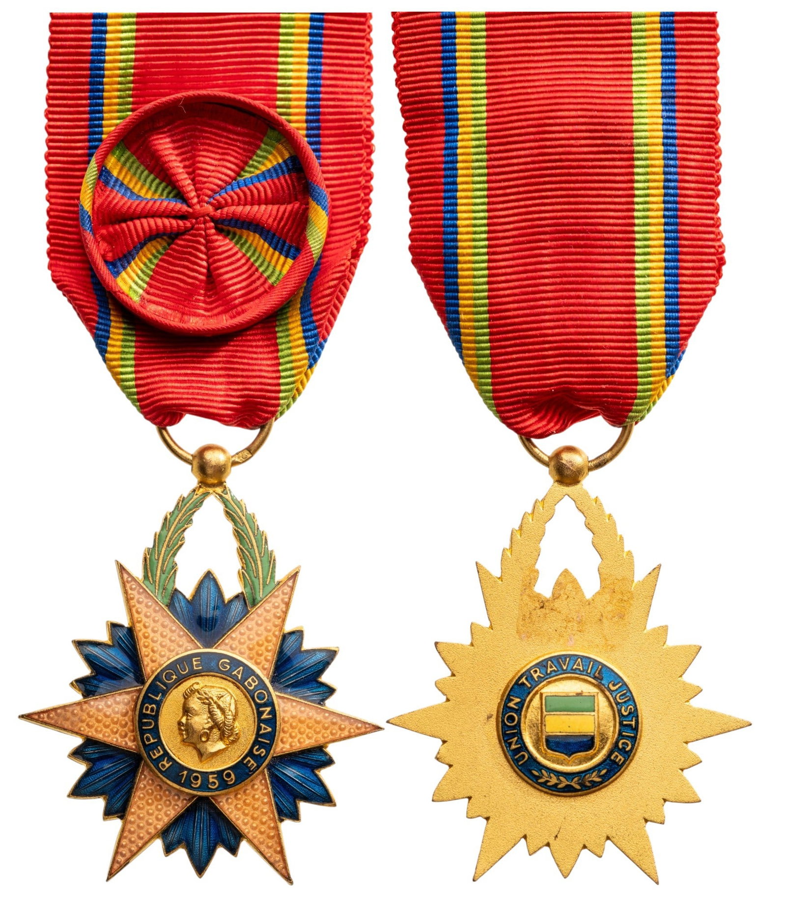 Order of The Equatorial Star: Officer's Cross, instittued in 1959. Breast Badge, 50x42 mm., gilt Bronze, enameled, original suspension ring and ribbon with rosette. Extremely fine! I