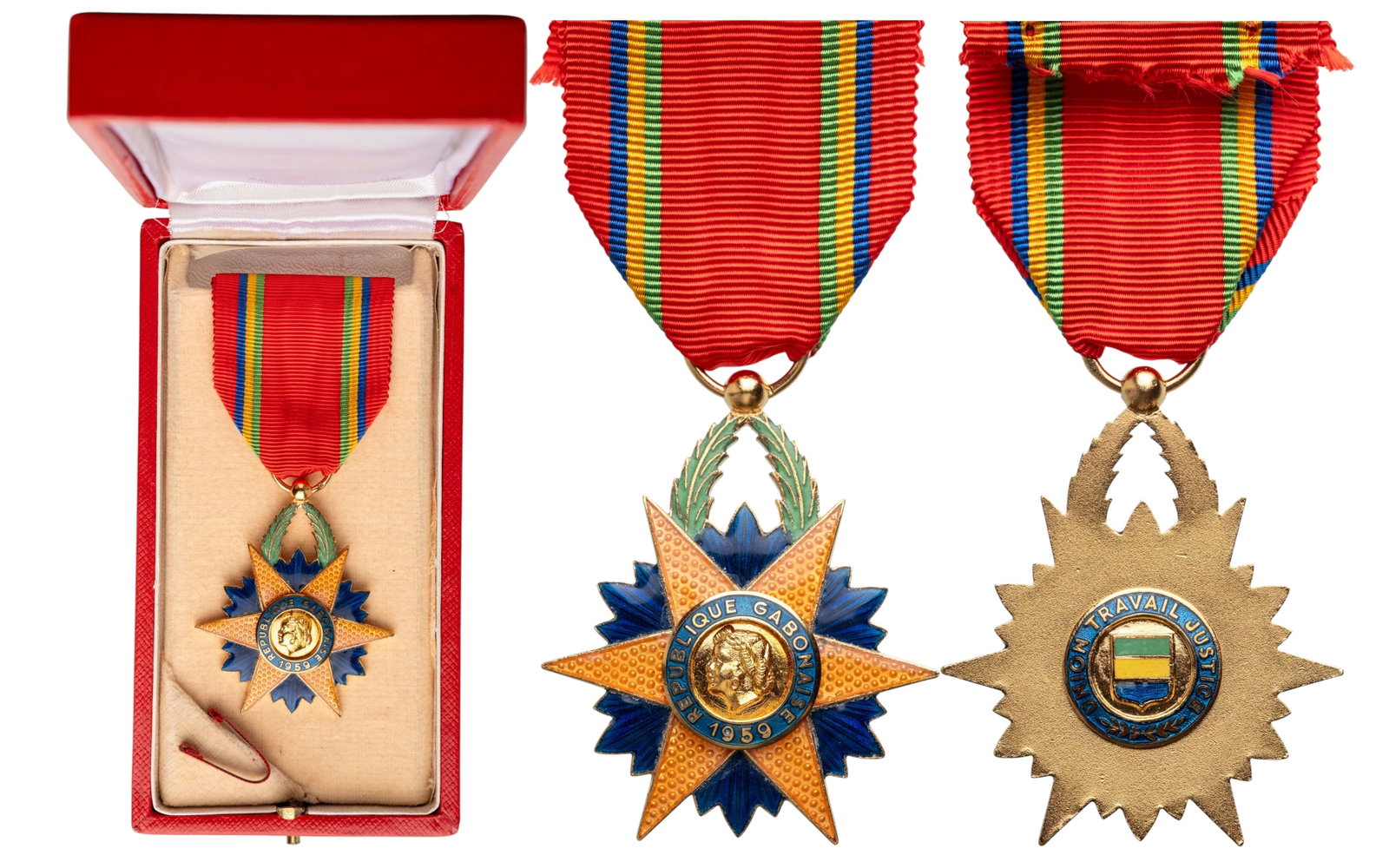 Order of The Equatorial Star: Knight's Cross, instittued in 1959. Breast Badge, 50x42 mm., gilt Bronze, enameled, original suspension ring and ribbon with pin, in case of issue by "Arthus Bertrand, Paris". I