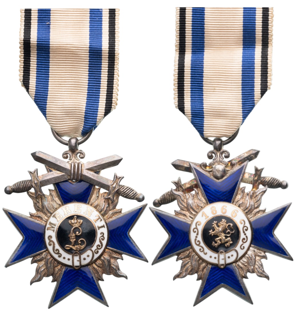 Military Merit Order: Breast Badge,4th Class with Swords, instituted in 1866. Breast Badge, 48x40 mm., Silver, enameled, original suspension ring and ribbon. Very attractive and mint state! I