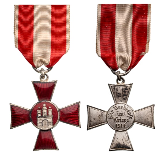 Hanseatic Cross, Hamburg, 1914: Breast Badge, 44x40 mm., one side enameled, original suspension ring and ribbon. A superb order in mint condition! I