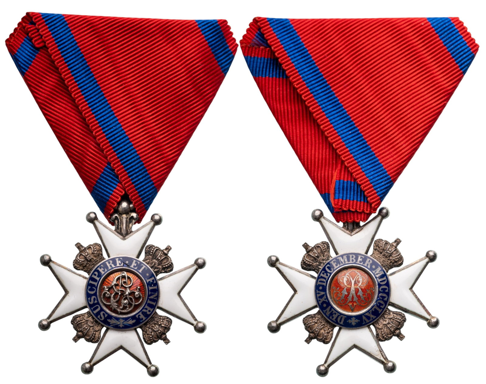Ernst August Order: Knight's Cross, 2nd Class, instituted in 1865. Breast Badge, 38x36 mm., both sides enameled, original suspension ring and triangular correct ribbon. A superb order in mint condition! I