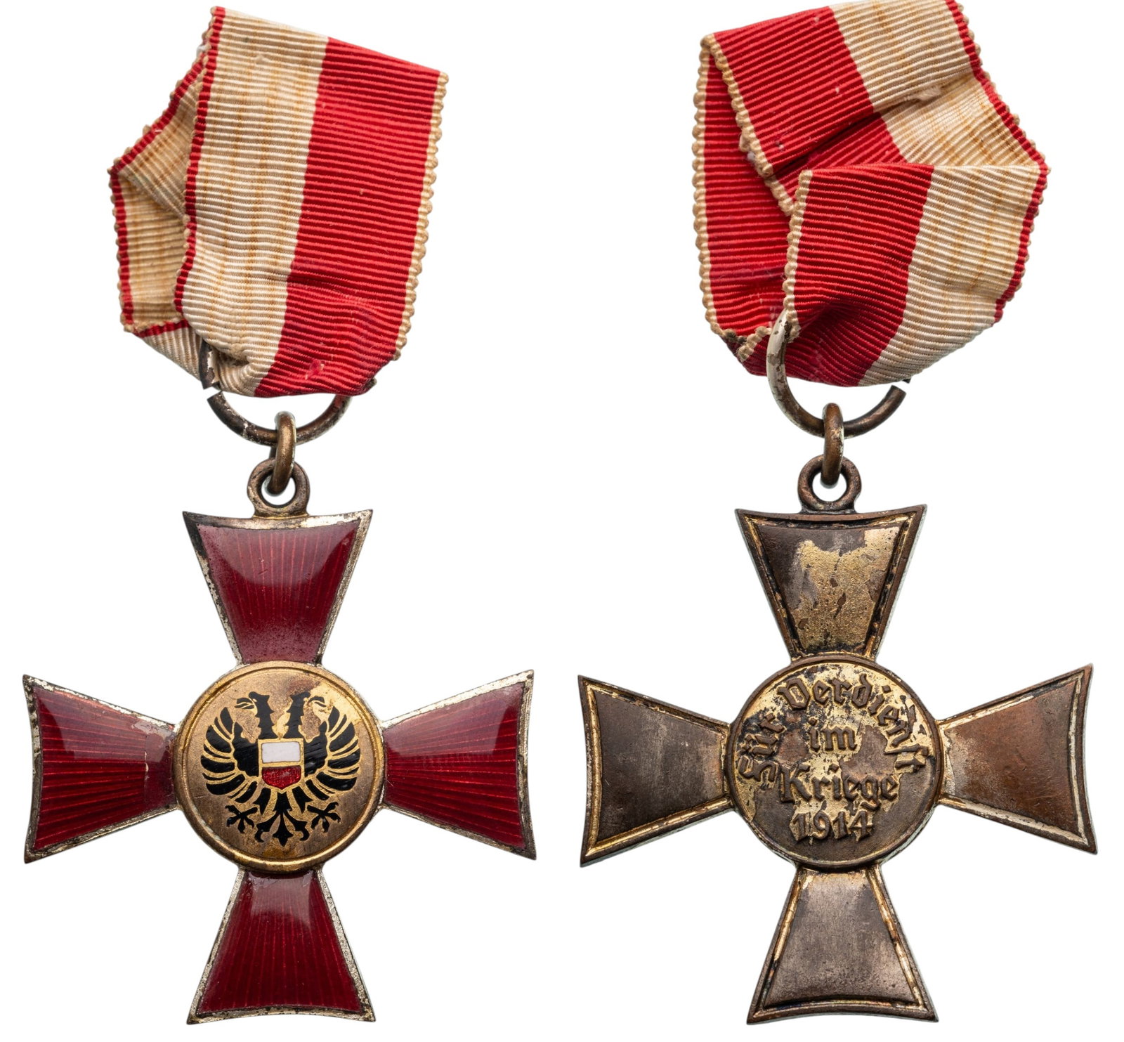 Hanseatic Cross: Breast Badge, 40 mm., one side enameled, original suspension ring and ribbon. Very fine condition! II