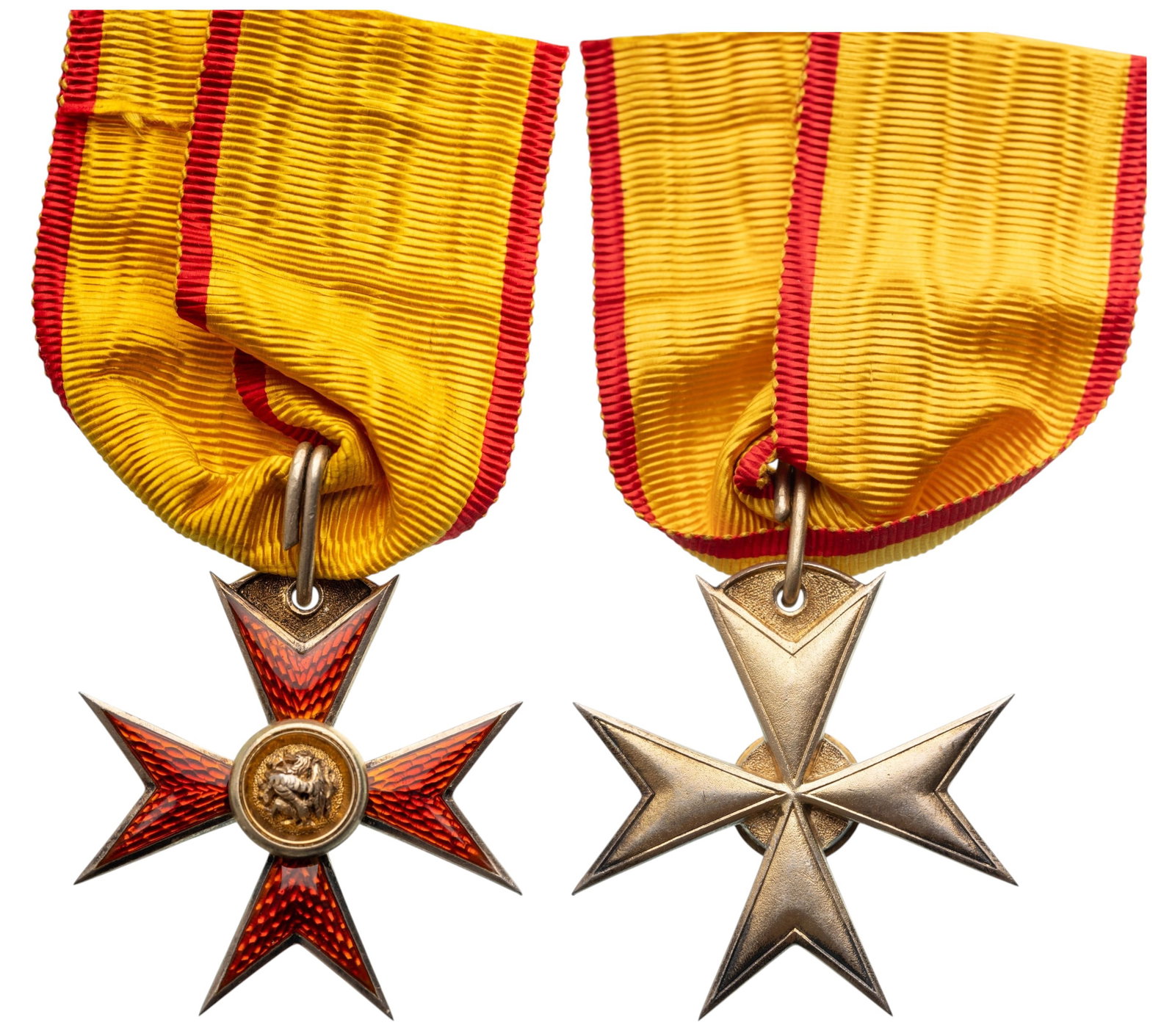 Order of the Griffon: Knight's Cross, instituted in 1884. Breast Badge, 47x43 mm. gilt Silver, Maltese Cross with red one side enameled arms, obverse with a central gilt medallion depicting a raised Griffin, original suspe