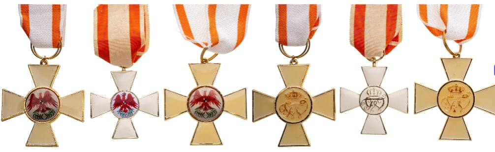Order of the Red Eagle: Lot of 3. 2nd Class (2x) and 3rd Class, instituted in 1792. Breast Badges, 49x46 and 43x38 mm, gilt Metal, enameled, original suspension rings and ribbons. Modern collector's copy, in extremely fine c
