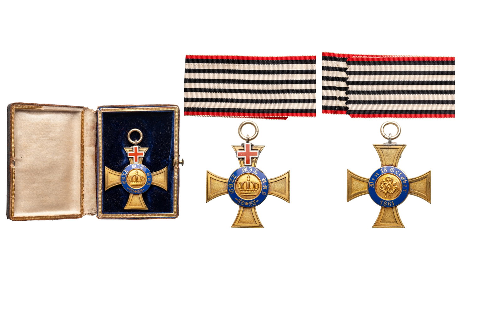 Order of the Crown with Geneva Cross, 1872 - 1874: 4th Class. Breast Badge, 46x41 mm, gilt Bronze, enameled, original suspension ring, ribbon, in case of issue. Scarce and attractive cross! I R!