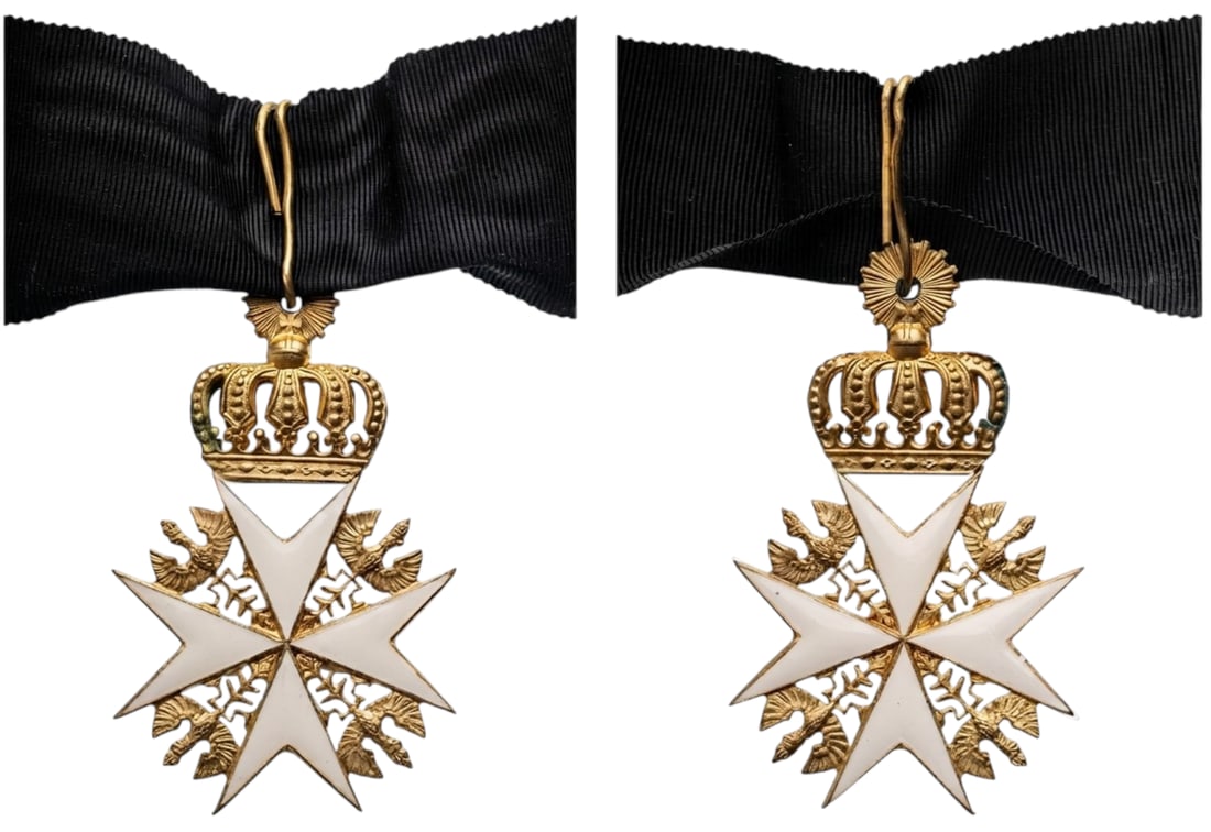 Johanniter Order: Knight of Justice. Commander's Cross, instituted in 1812. Neck Badge, 71x43 mm, gilt Bronze, both sides enameled, original suspension loop and ribbon. An order in extremely fine condition! I