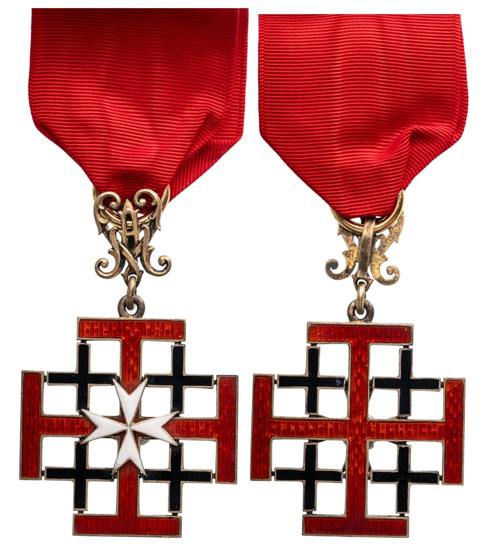 Cross of Olberg (Mount of Olives Cross): Knight's Cross, instituted in 1909. Breast Badge, 58x37 mm, gilt Silver, both sides enameled, original suspension ring and ribbon. A very elegant order in extremely fine condition! I