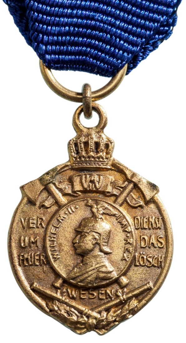 Fire Department for 25 Years Long Meritorious Service Medal, 1908: Breast Badge, 21x15 mm, Bronze, original suspension ring and ribbon. I