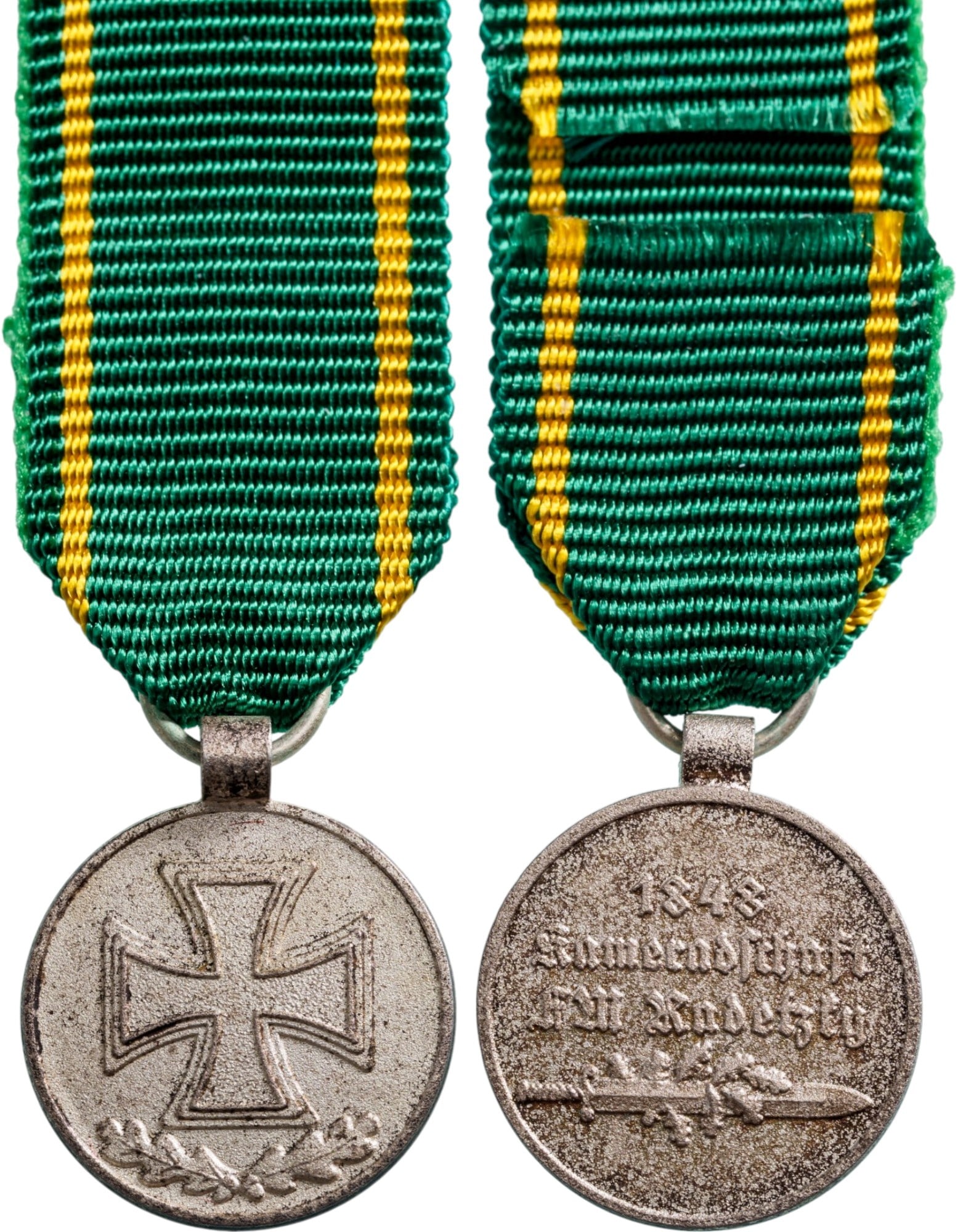 Kameradschaft FM Radetsky, 1848, Medal 2nd Class: Breast Badge, 18x14 mm, silvered Metal, original suspension ring and ribbon. I