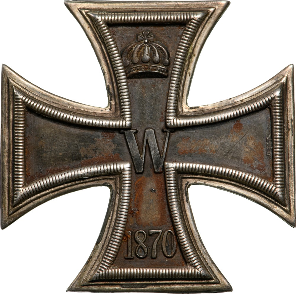 Iron Cross, 1st Class, 1870 Type.: Breast Badge, 45x45 mm, Silver frame and iron core. Hallmarked "800 " on the back. Vertical brad pin on reverse. I- R!