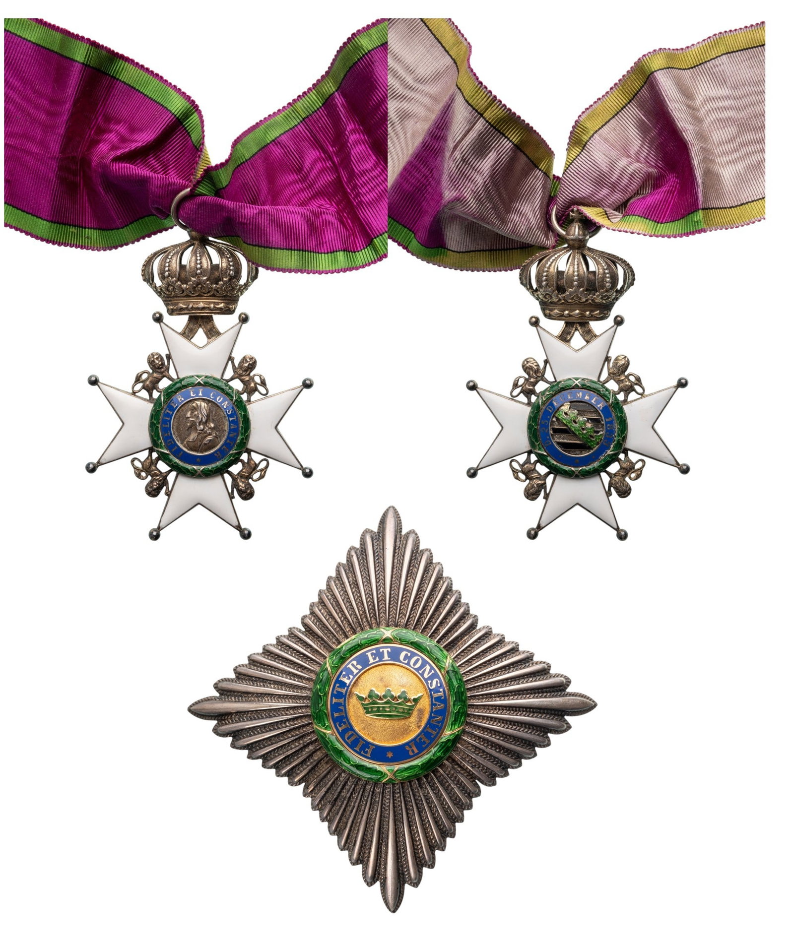Saxe Ernestine House Order: Grand Officer's Set, instituted in 1833. Neck Badge, 85x58 mm, Silver, both sides enameled, both central medallions enameled, original suspension ring, ribbon. Breast Star, 84 mm, chiselled centre med