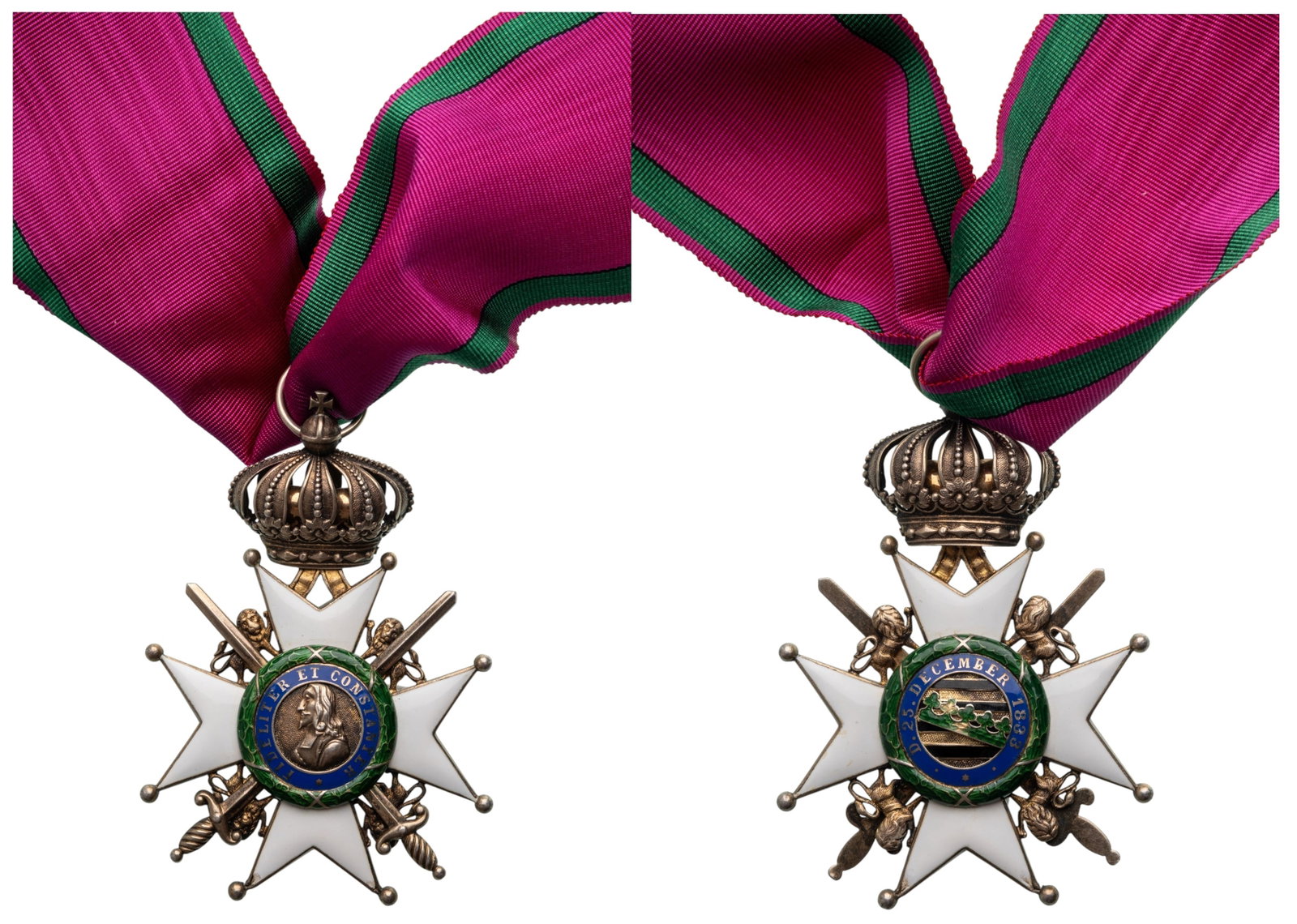 Saxe Ernestine House Order: Commander's Cross Military, instituted in 1833. Neck Badge, 84x57 mm, Silver, both sides enameled (minor defect), crossed gilt silver swords, both central medallions enameled, original suspension ring