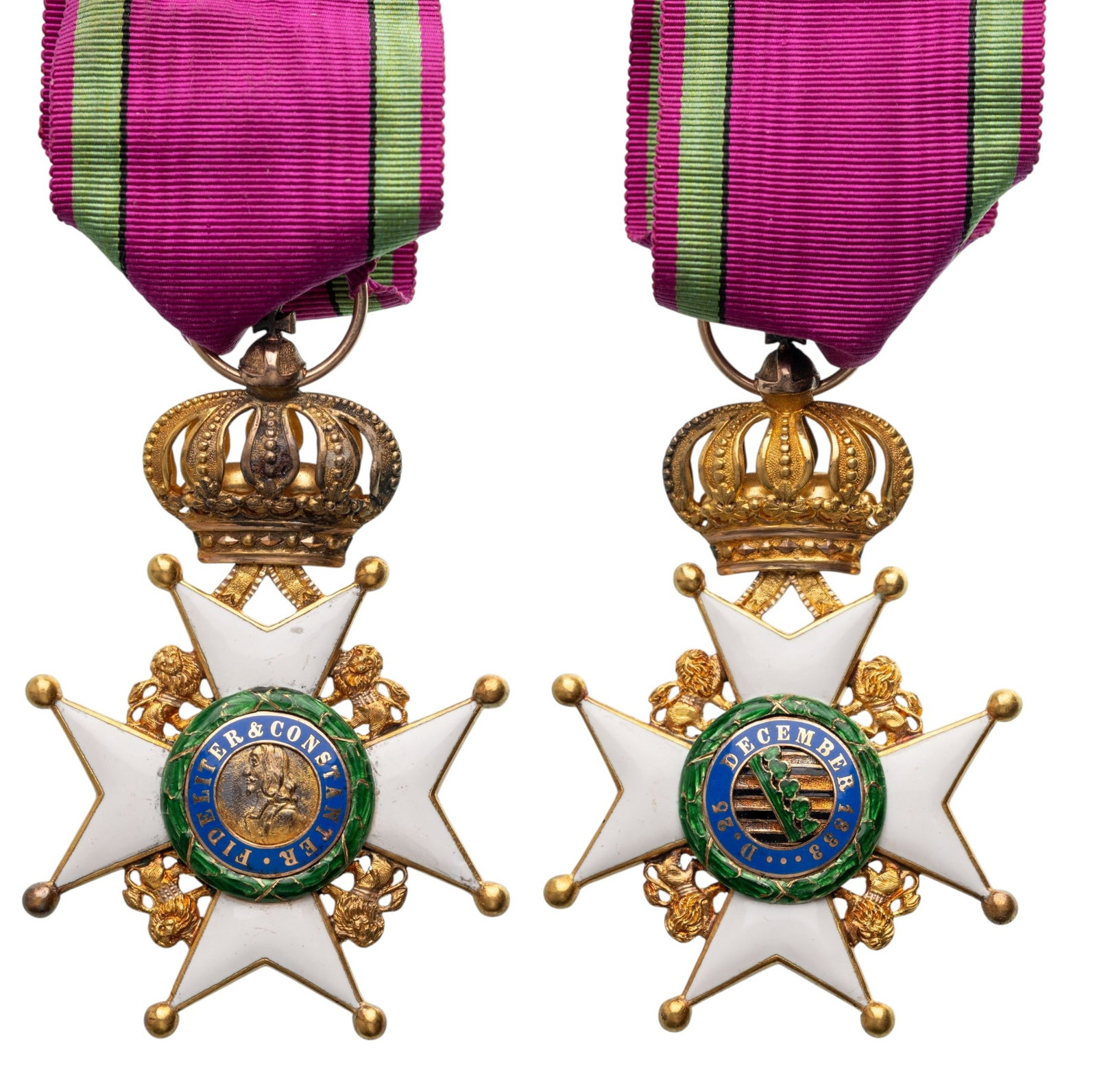 Saxe Ernestine House Order: Officers Cross, instituted in 1833. Breast Badge, 67x43 mm, GOLD, 21.13 g., both sides enameled, both central medallions GOLD, enameled, original suspension ring, ribbon. A superb order in mint condit