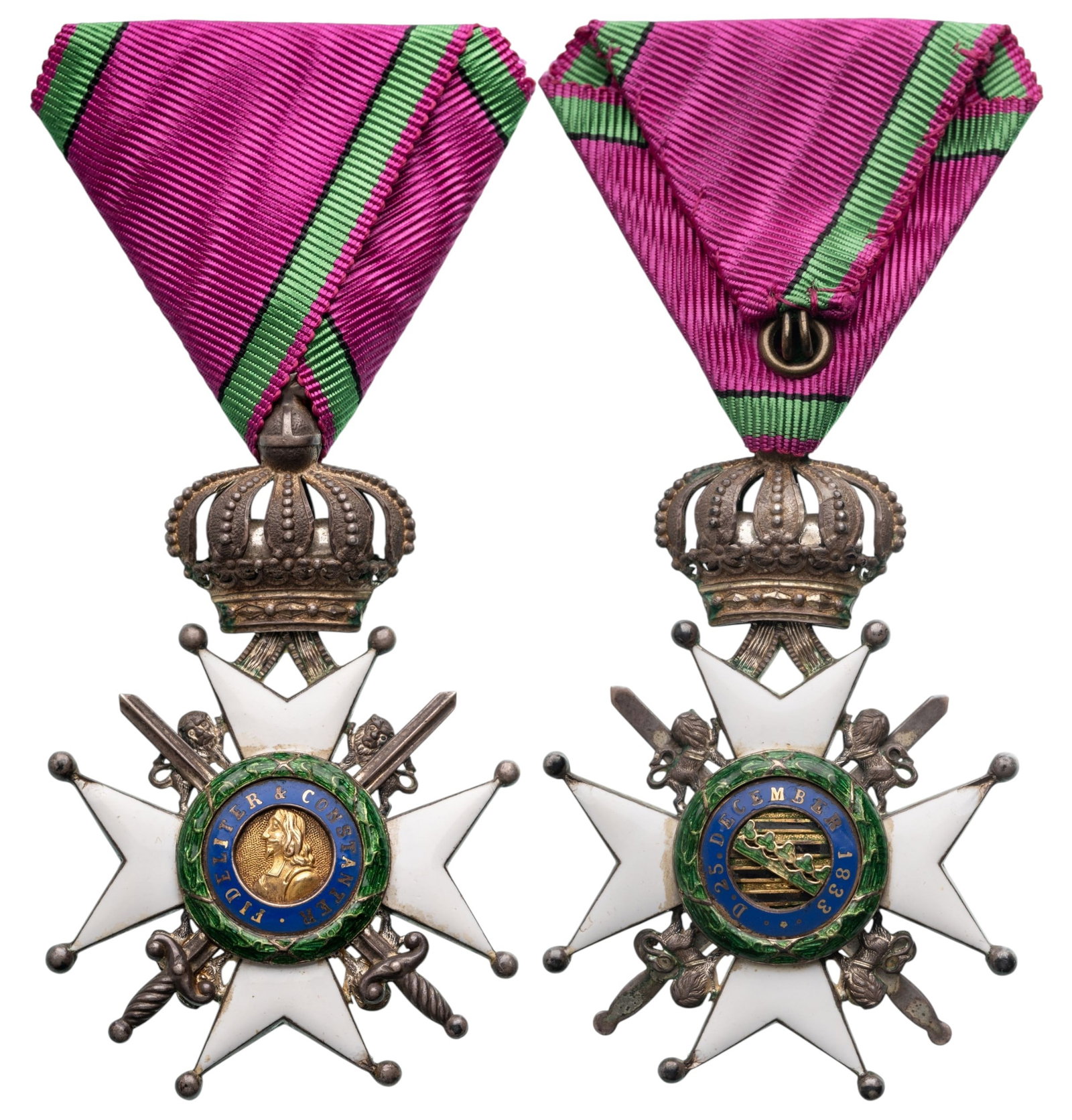 Saxe Ernestine House Order: Knight's Cross Military, instituted in 1833. Breast Badge, 71x46 mm, GOLD and Silver, both sides enameled, crossed gilt silver swords, both central medallions GOLD, enameled, original suspension crown