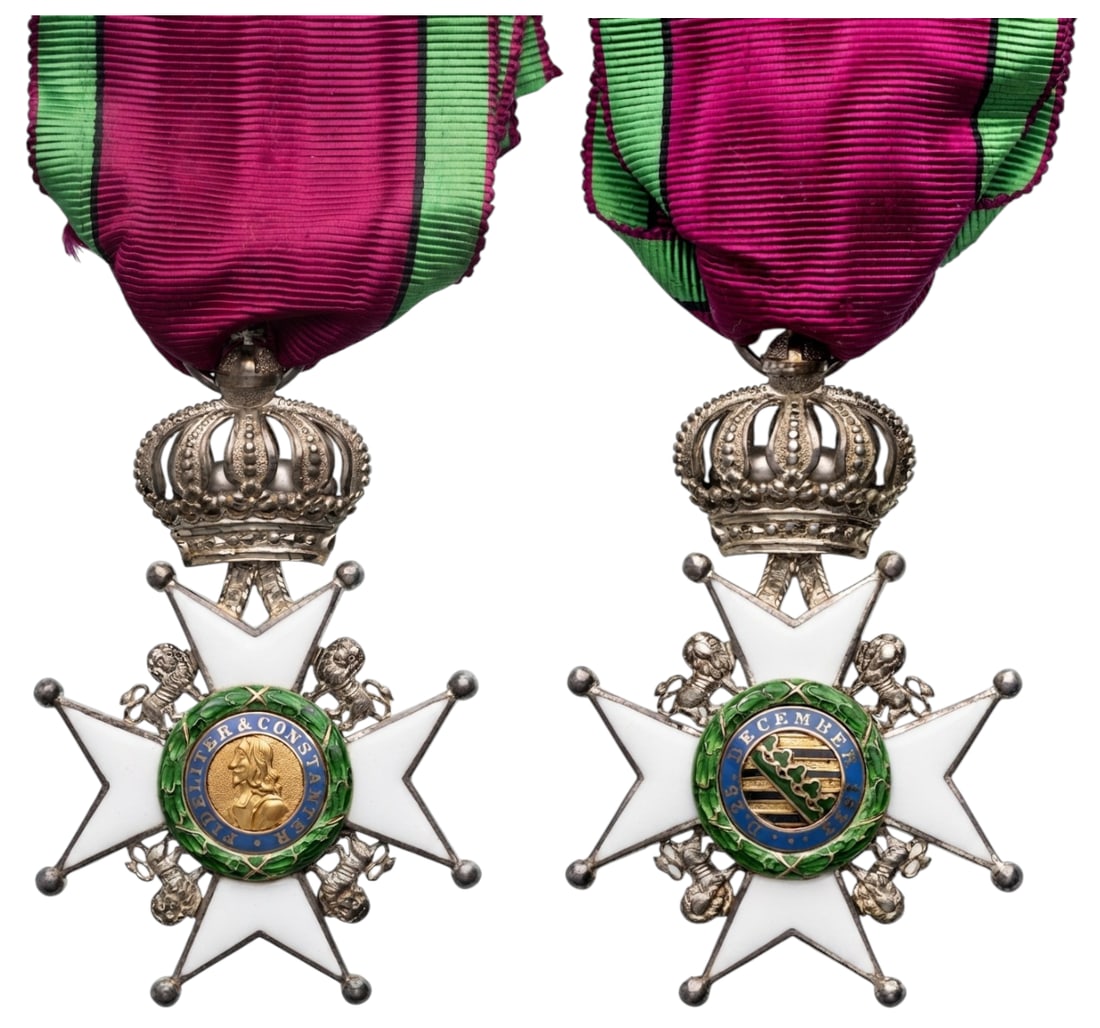 Saxe Ernestine House Order: Knight's Cross, instituted in 1833. Breast Badge, 67x44 mm, Silver., both sides enameled, both central medallions GOLD, enameled, original suspension ring, ribbon. A superb order in mint condition! I