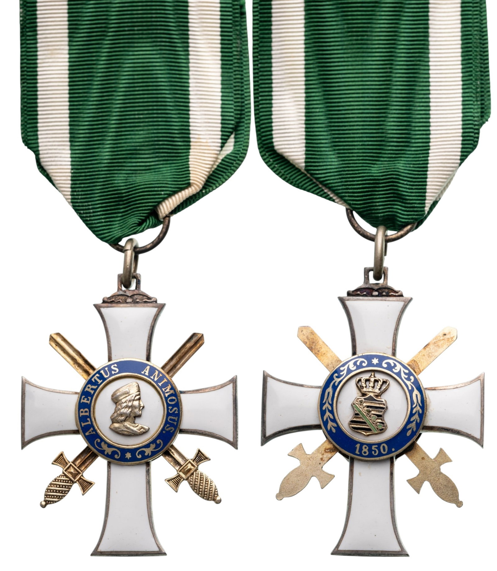 Order of Albrecht: Knight's Cross, 2nd Class with Swords, 2nd Type, instituted in 1850. Breast Badge, 45x34 mm, partially gilt Silver, both sides enameled, both central medallions gilt, enameled, original suspension rin